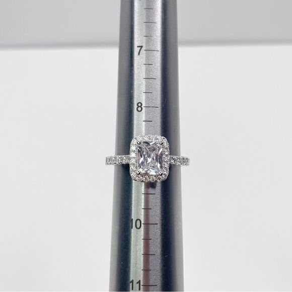 NEW STERLING SILVER | Emerald Cut Halo Engagement Ring - Picture 7 of 7